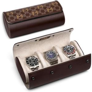 imageMOZSLY Watch Roll Travel Case 3 Slots Portable Watches Box Organizer Storage Holder Pattern PU LeatherBrown