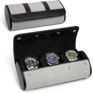 imageMOZSLY Watch Roll Travel Case for Men and Women 3 slots Portable Box Organizer Storage Holder for Watches PU Leather OrangeBlack