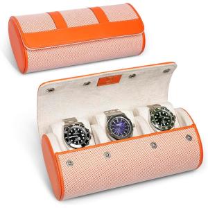 imageMOZSLY Watch Roll Travel Case for Men and Women 3 slots Portable Box Organizer Storage Holder for Watches PU Leather OrangeOrange