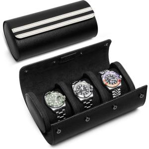 imageMOZSLY Watch Roll Travel Case 3 Slots Portable Box for Men and Women Watches Organizer Storage Holder PU LeatherBlack
