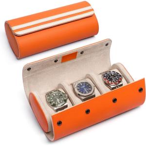 imageMOZSLY Watch Roll Travel Case 3 Slots Portable Box for Men and Women Watches Organizer Storage Holder PU LeatherOrange