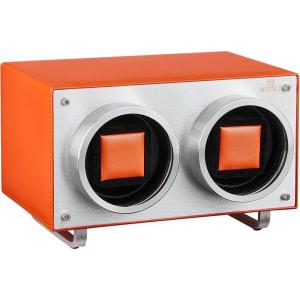 imageMOZSLY Double Watch Winder for Automatic Watches with Quiet Motor 12 Rotation Mode Setting AC Adapter or Battery Powered PU LeatherOrange